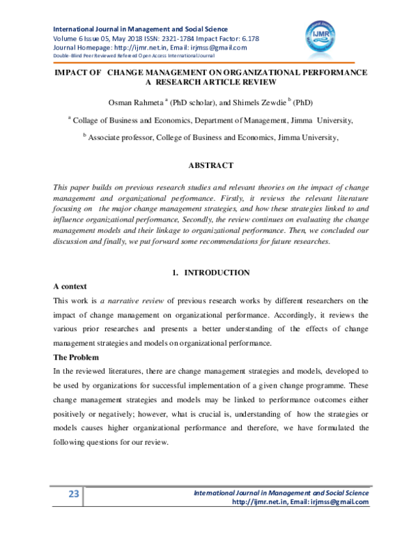 (PDF) IMPACT OF CHANGE MANAGEMENT ON ORGANIZATIONAL PERFORMANCE A ...