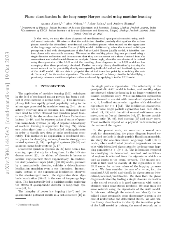 Phase classification in the long-range Harper model using machine learning