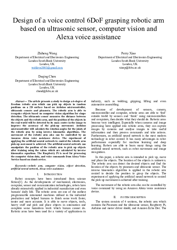 (DOC) Design of a Voice Control 6DoF Grasping Robotic arm Based on ...