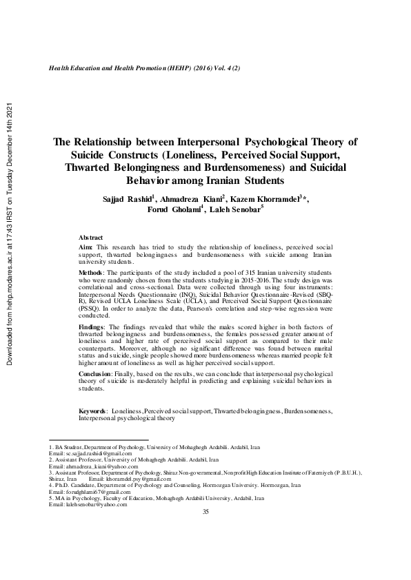 (PDF) The Relationship between Interpersonal Psychological Theory of ...