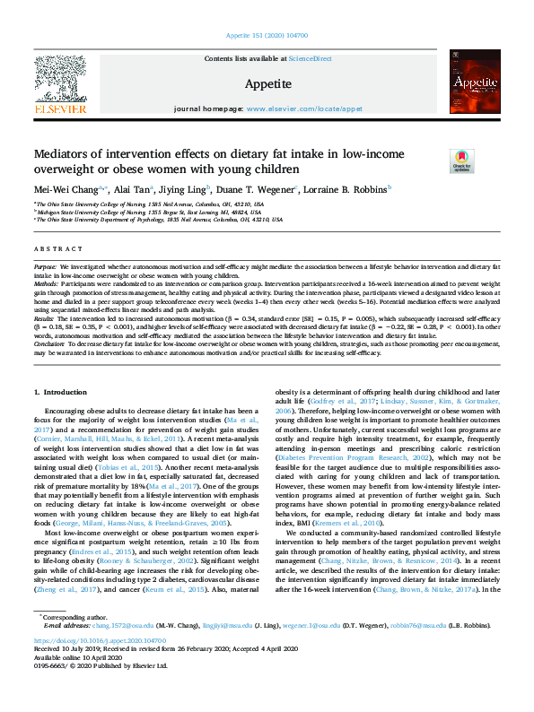 (PDF) Mediators of intervention effects on dietary fat intake in low ...