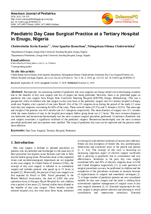 (PDF) Paediatric Day Case Surgical Practice at a Tertiary Hospital in ...