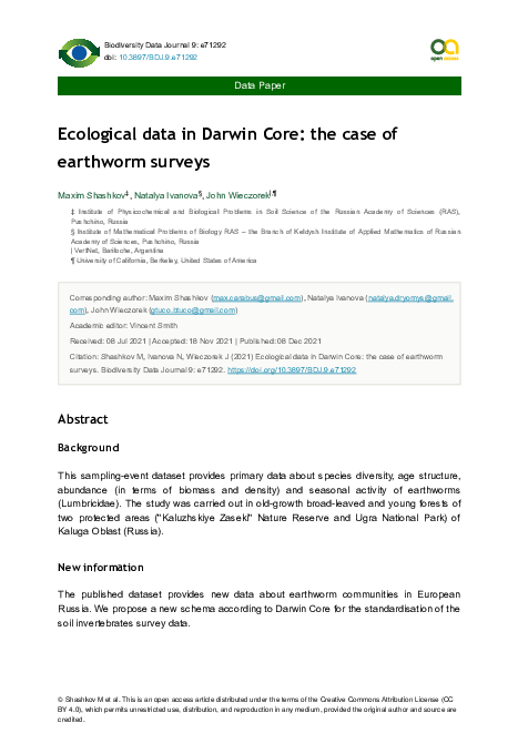 (PDF) Ecological data in Darwin Core: the case of earthworm surveys