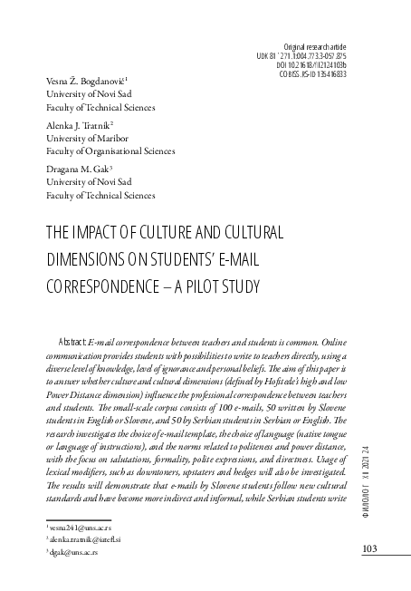 (PDF) The Impact of Culture and Cultural Dimensions on Studentsʼ E-Mail ...
