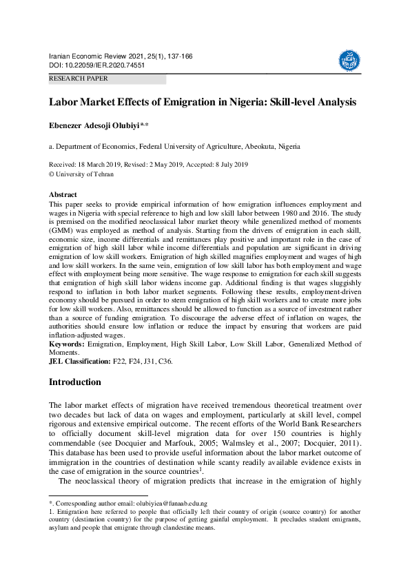 (PDF) Labor Market Effects of Emigration in Nigeria: Skill-Level Analysis