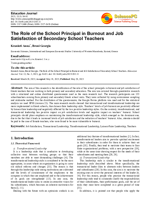 (PDF) The Role of the School Principal in Burnout and Job Satisfaction ...