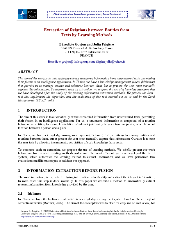 (PDF) Extraction of Relations between Entities from Texts by Learning ...