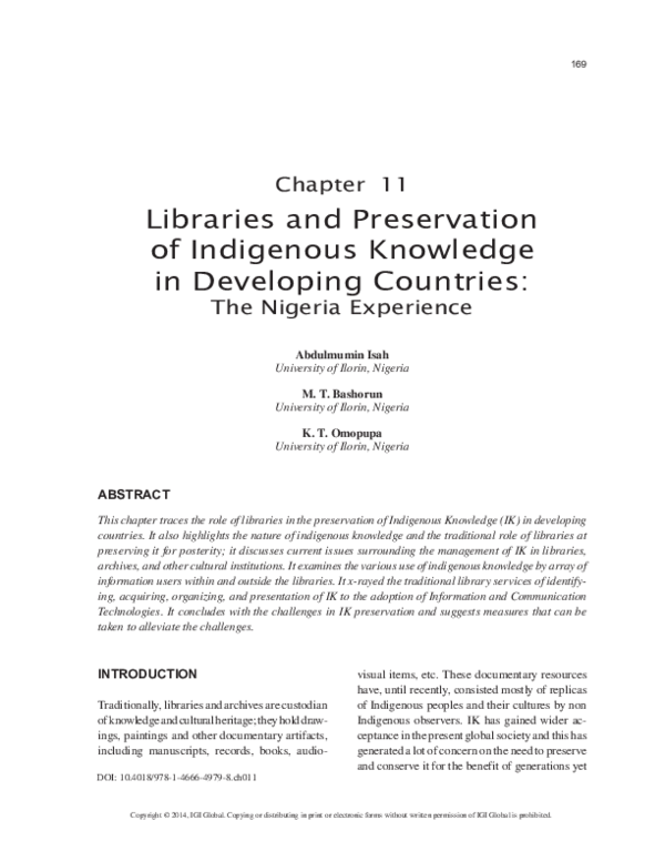 (PDF) Libraries and Preservation of Indigenous Knowledge in Developing ...