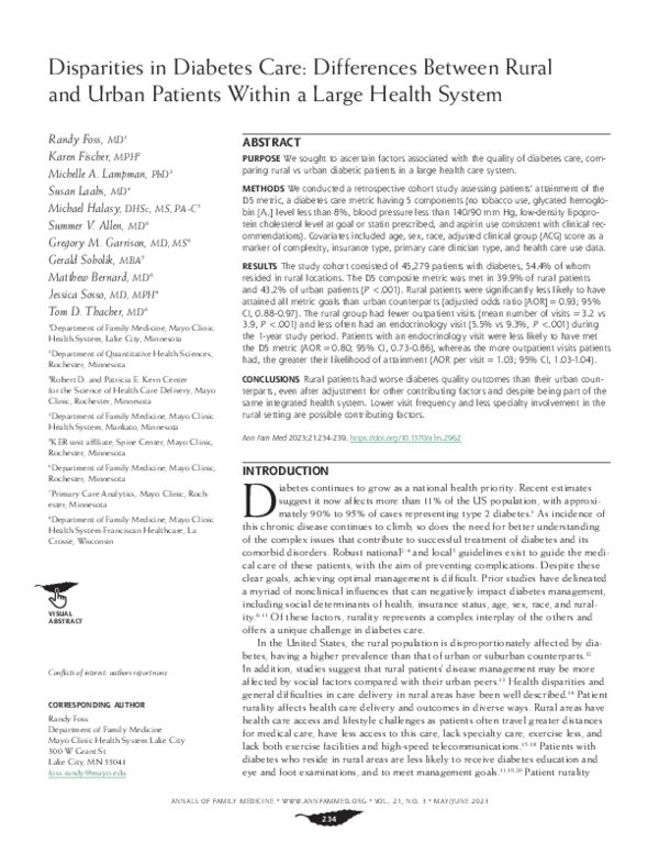 (PDF) Disparities in Diabetes Care: Differences Between Rural and Urban ...