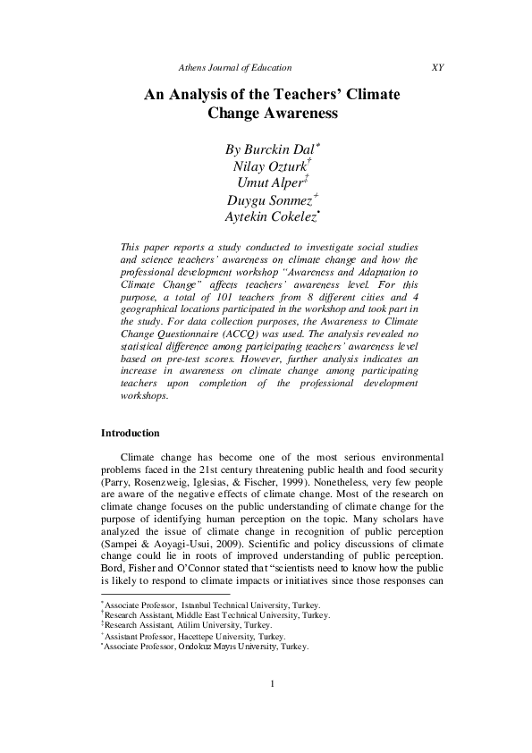 (PDF) An Analysis of the Teachers’ Climate Change Awareness