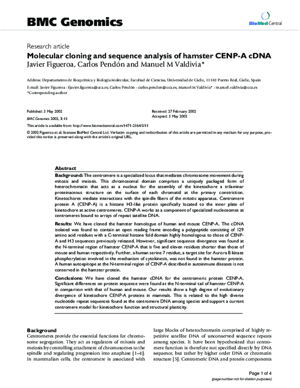 (PDF) Molecular cloning and sequence analysis of hamster CENP-A cDNA
