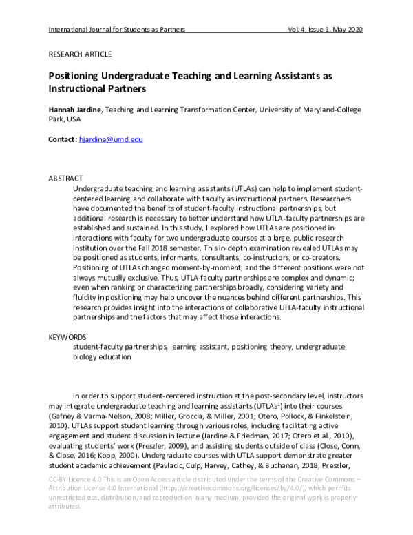 (PDF) Positioning undergraduate teaching and learning assistants as ...