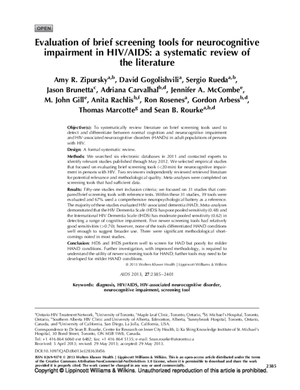 (PDF) Evaluation of brief screening tools for neurocognitive impairment ...