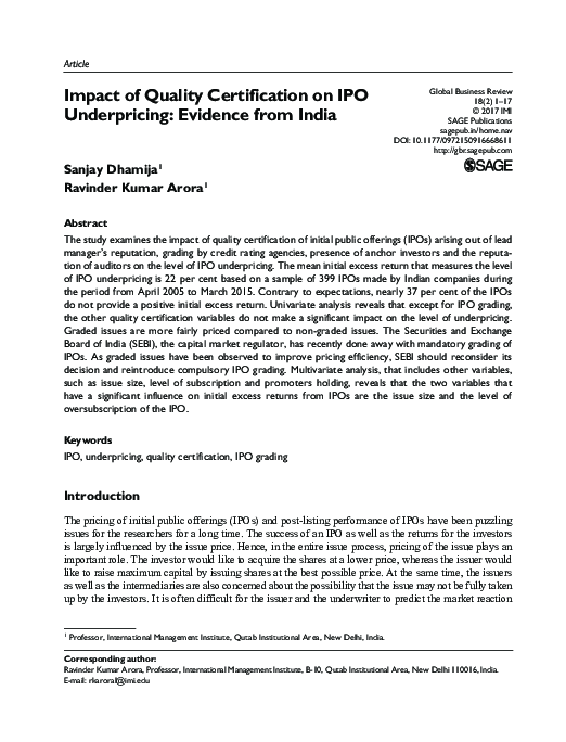 (PDF) Impact of Quality Certification on IPO Underpricing: Evidence ...