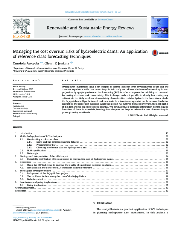 (PDF) Managing the cost overrun risks of hydroelectric dams: An ...