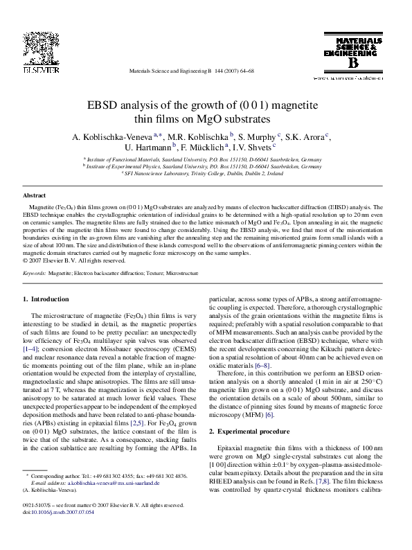 (PDF) EBSD analysis of the growth of (001) magnetite thin films on MgO ...
