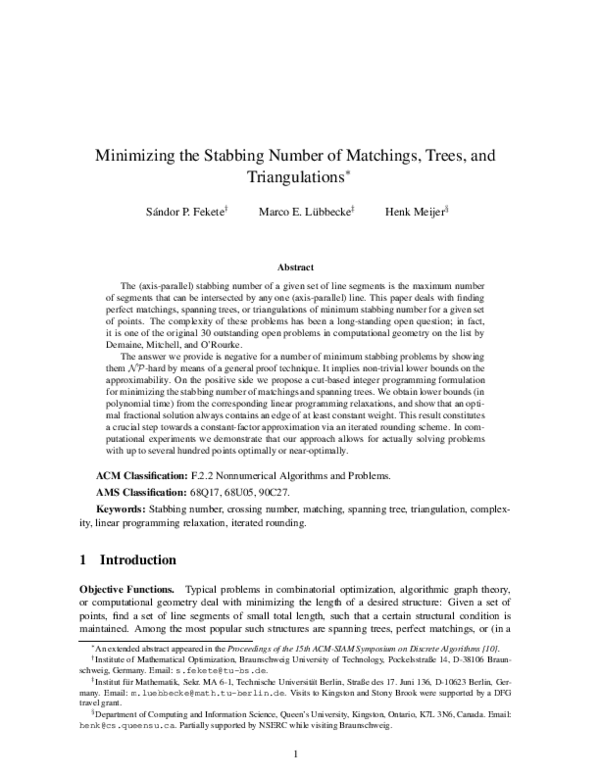 (PDF) Minimizing the stabbing number of matchings, trees, and ...