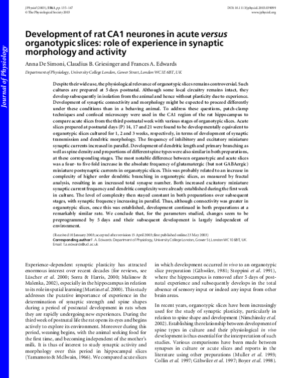 (PDF) Development of Rat CA1 Neurones in Acute Versus Organotypic ...