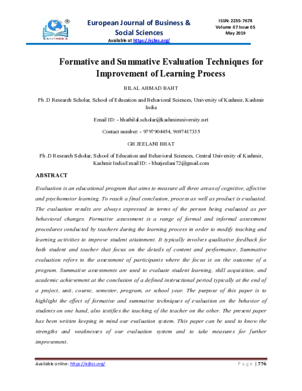 (PDF) Formative and Summative Evaluation Techniques for Improvement of ...