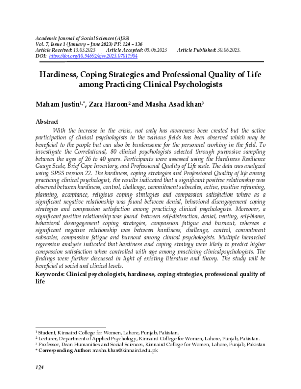(PDF) Hardiness, Coping Strategies and Professional Quality of life ...