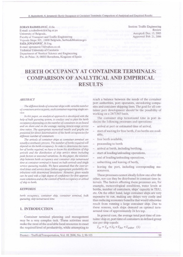 (PDF) Berth Occupancy at Container Terminals: Comparison of Analytical ...