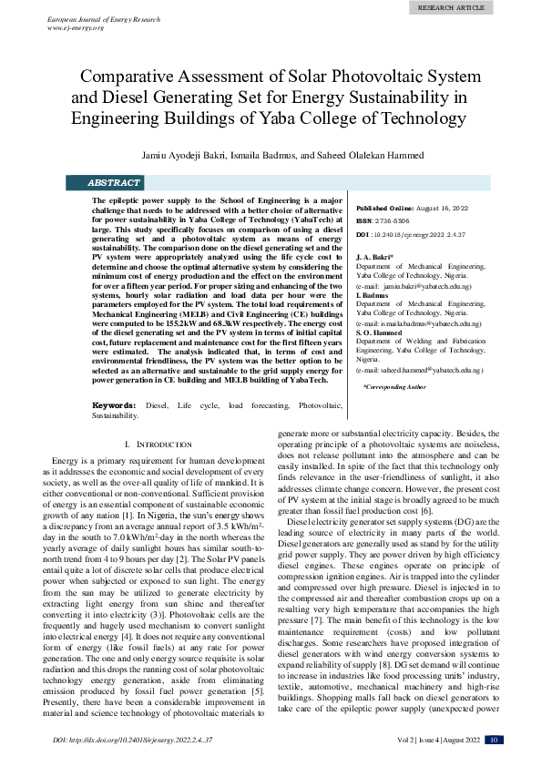 (PDF) Comparative Assessment of Solar Photovoltaic System and Diesel ...