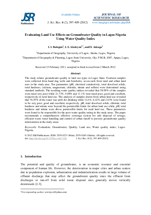 (PDF) Evaluating Land Use Effects on Groundwater Quality in Lagos ...