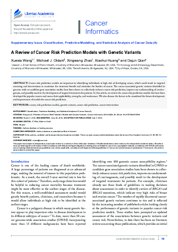 (PDF) A Review of Cancer Risk Prediction Models with Genetic Variants