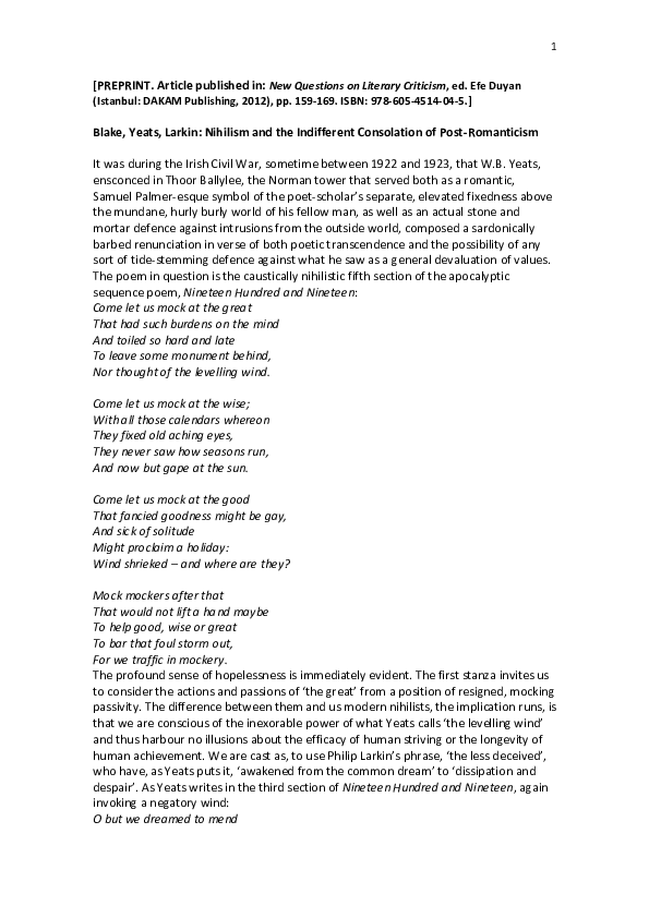 (PDF) Blake, Yeats, Larkin : nihilism and the indifferent consolation ...