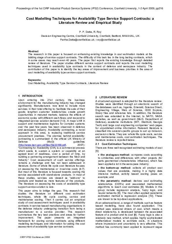 (PDF) Cost modelling techniques for availability type service support