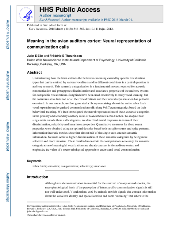 (PDF) Meaning in the avian auditory cortex: neural representation of ...