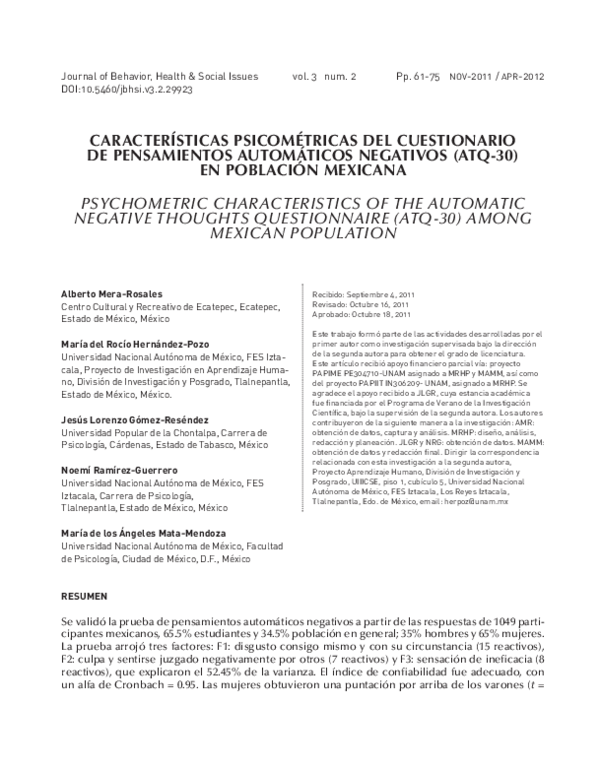 (PDF) Características Psicométricas Del Cuestionario De Pensamientos ...