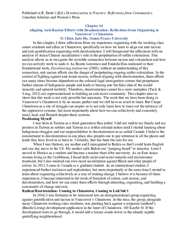 First page of “Aligning Anti-Racism Efforts with Decolonization: Reflections from Organizing in Vancouver’s Chinatown”