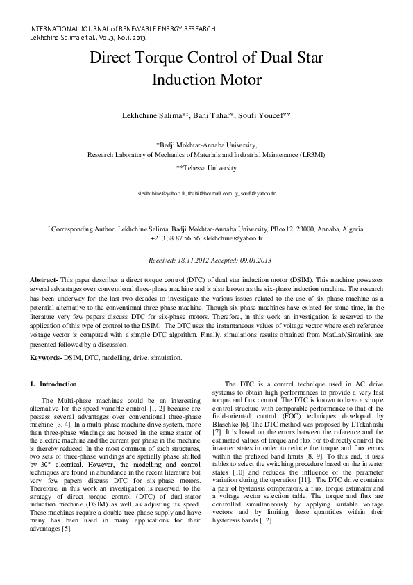 (PDF) Direct Torque Control for Double Star Induction Motor