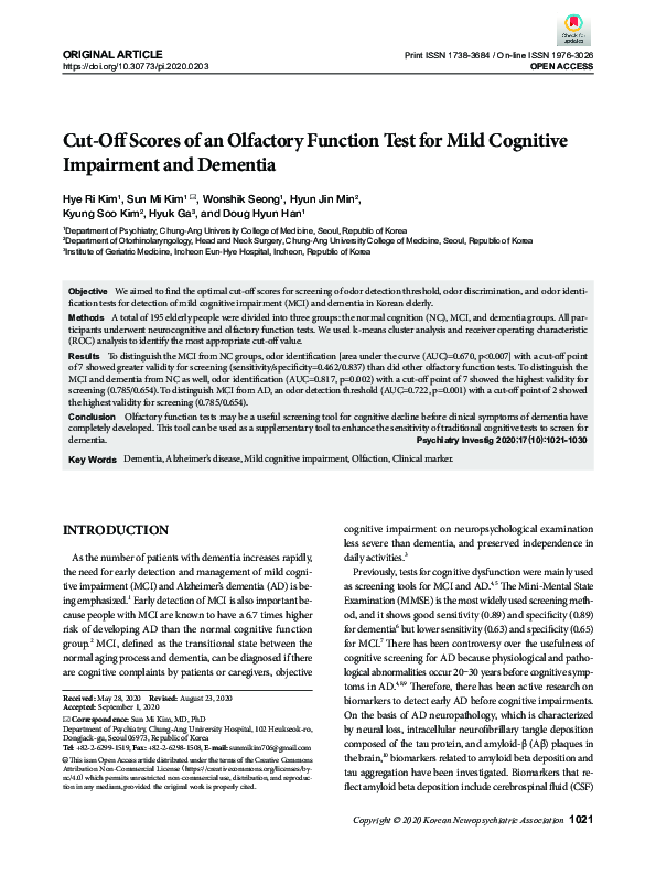 (PDF) Cut-Off Scores of an Olfactory Function Test for Mild Cognitive ...