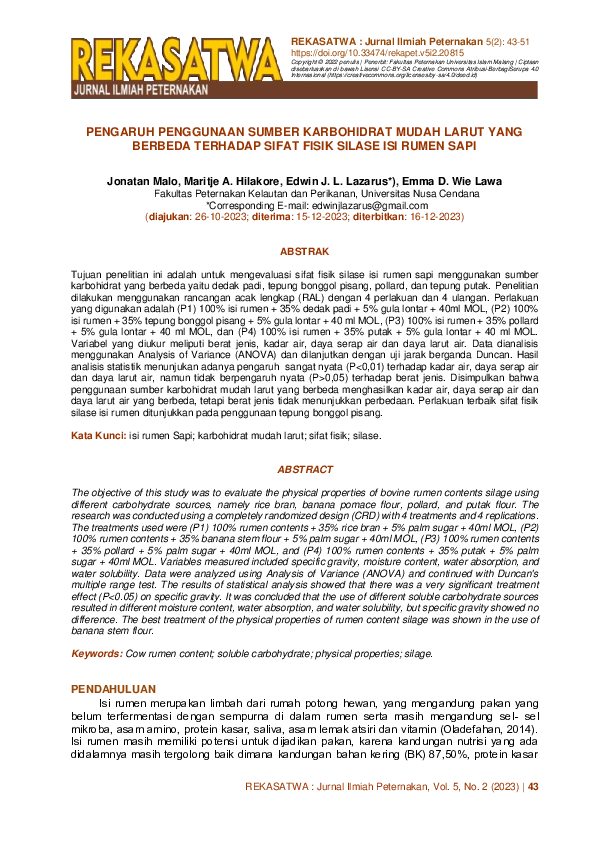 (PDF) PENGARUH PENGGUNAAN SUMBER KARBOHIDRAT MUDAH LARUT YANG BERBEDA ...
