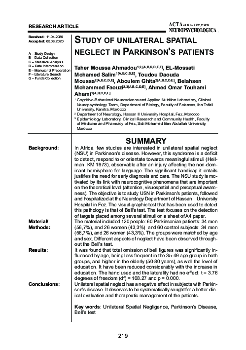 Pdf Study Of Unilateral Spatial Neglect In Parkinson S Patients