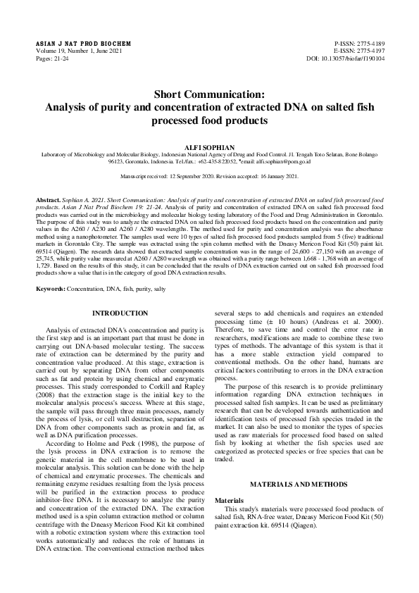 (PDF) Short Communication Analysis of purity and concentration of DNA
