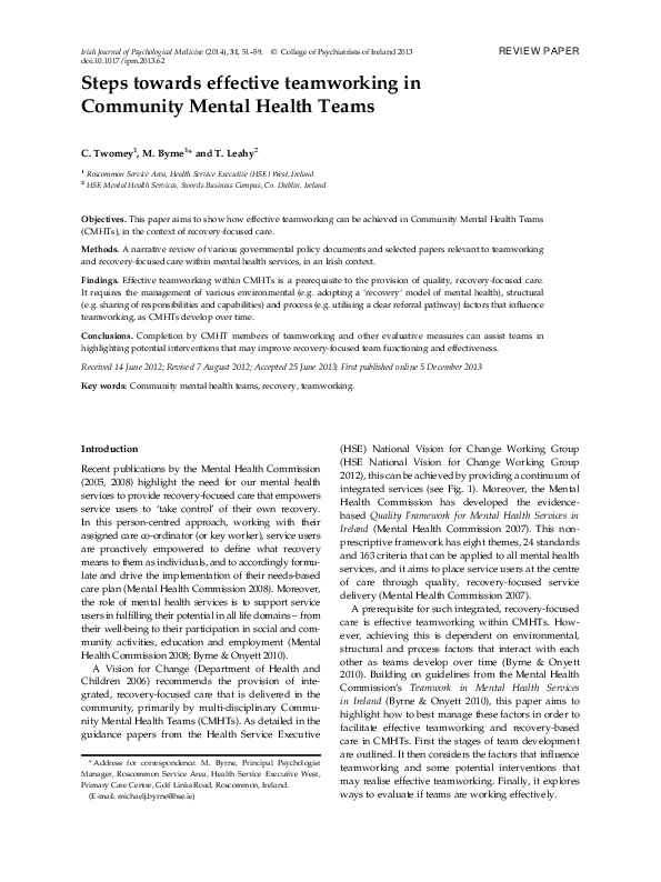 (PDF) Steps towards effective teamworking in Community Mental Health Teams