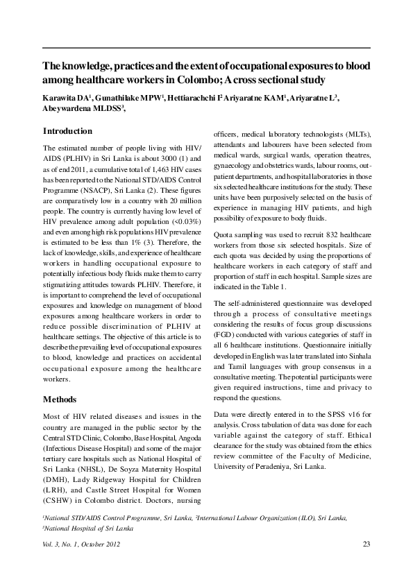 (PDF) The knowledge, practices and the extent of occupational exposures ...