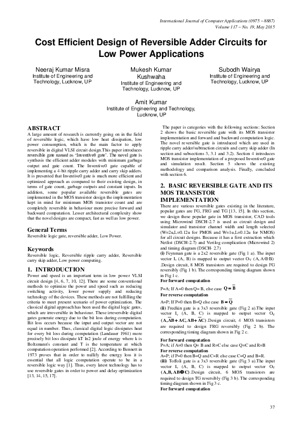 (PDF) Cost Efficient Design of Reversible Adder Circuits for Low Power ...
