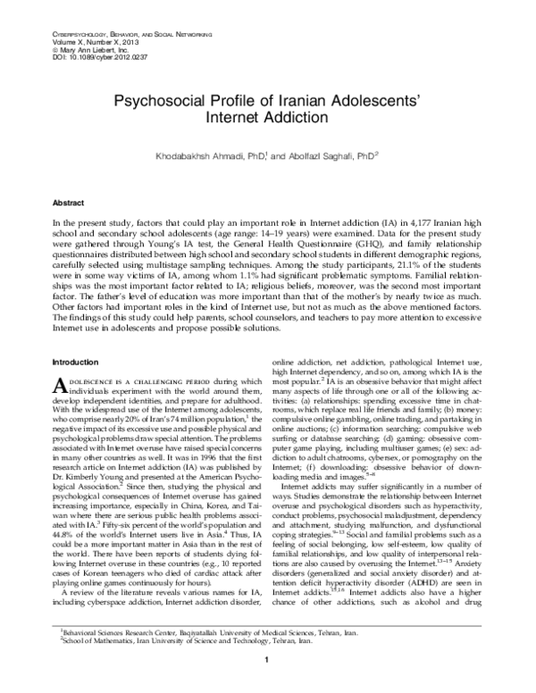 (PDF) Psychosocial Profile of Iranian Adolescents' Internet Addiction