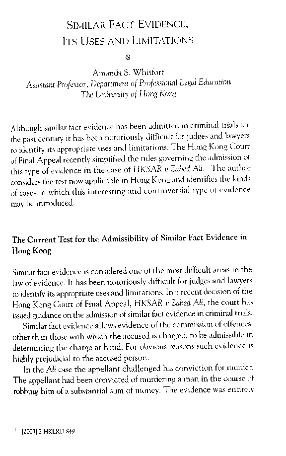 (PDF) Similar fact evidence, its uses and limitations