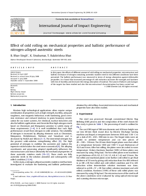 (PDF) Effect of cold rolling on mechanical properties and ballistic ...