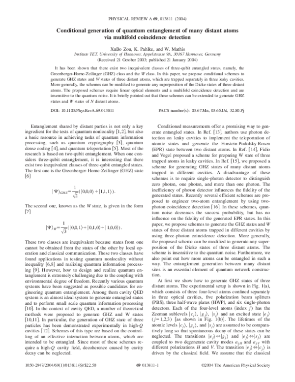 (PDF) Conditional generation of quantum entanglement of many distant ...