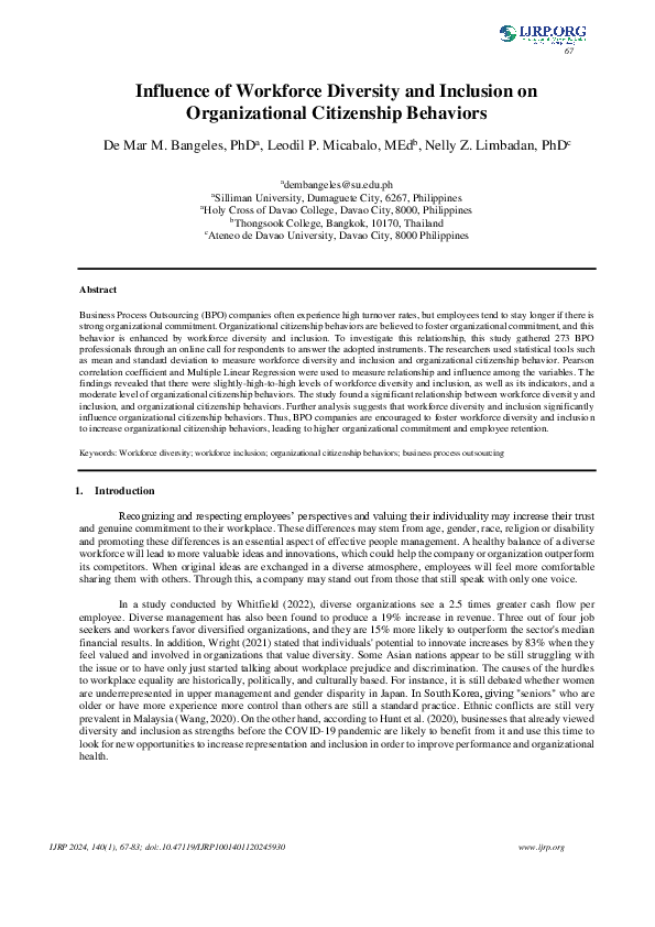 (PDF) Influence of Workforce Diversity and Inclusion on Organizational ...