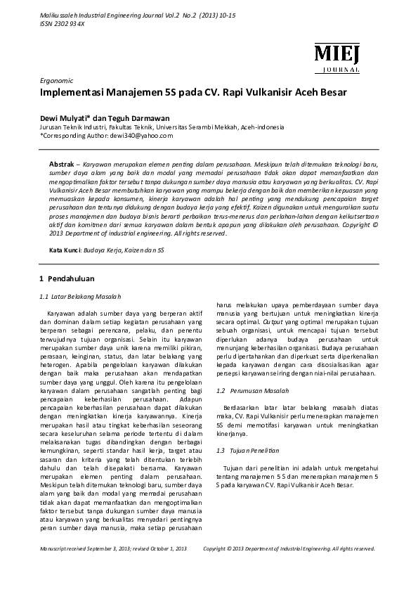 (PDF) mplementasi Manajemen 5S pada CV. Rapi Vulkanisir Aceh Besar