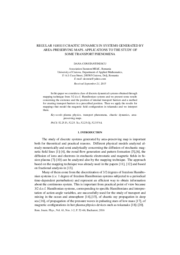(PDF) Regular Versus Chaotic Dynamics in Systems Generated by Area ...