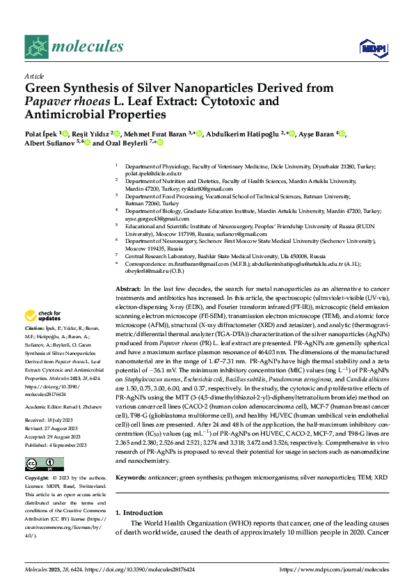 (PDF) Green Synthesis of Silver Nanoparticles Derived from Papaver ...