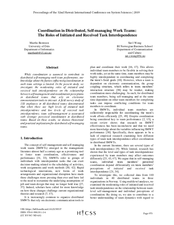 (PDF) Coordination in Distributed, Self-managing Work Teams: The Roles ...